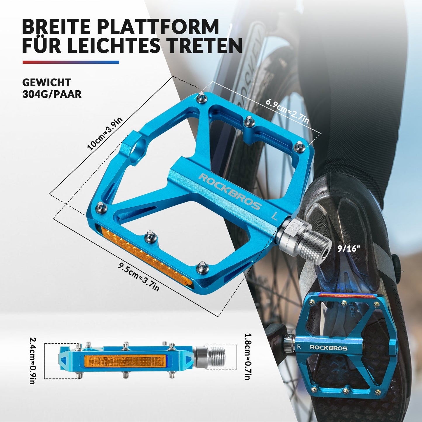 Polkupyörän polkimet heijastimilla, alumiiniseoksesta, 9/16 tuumaa, ROCKBROS