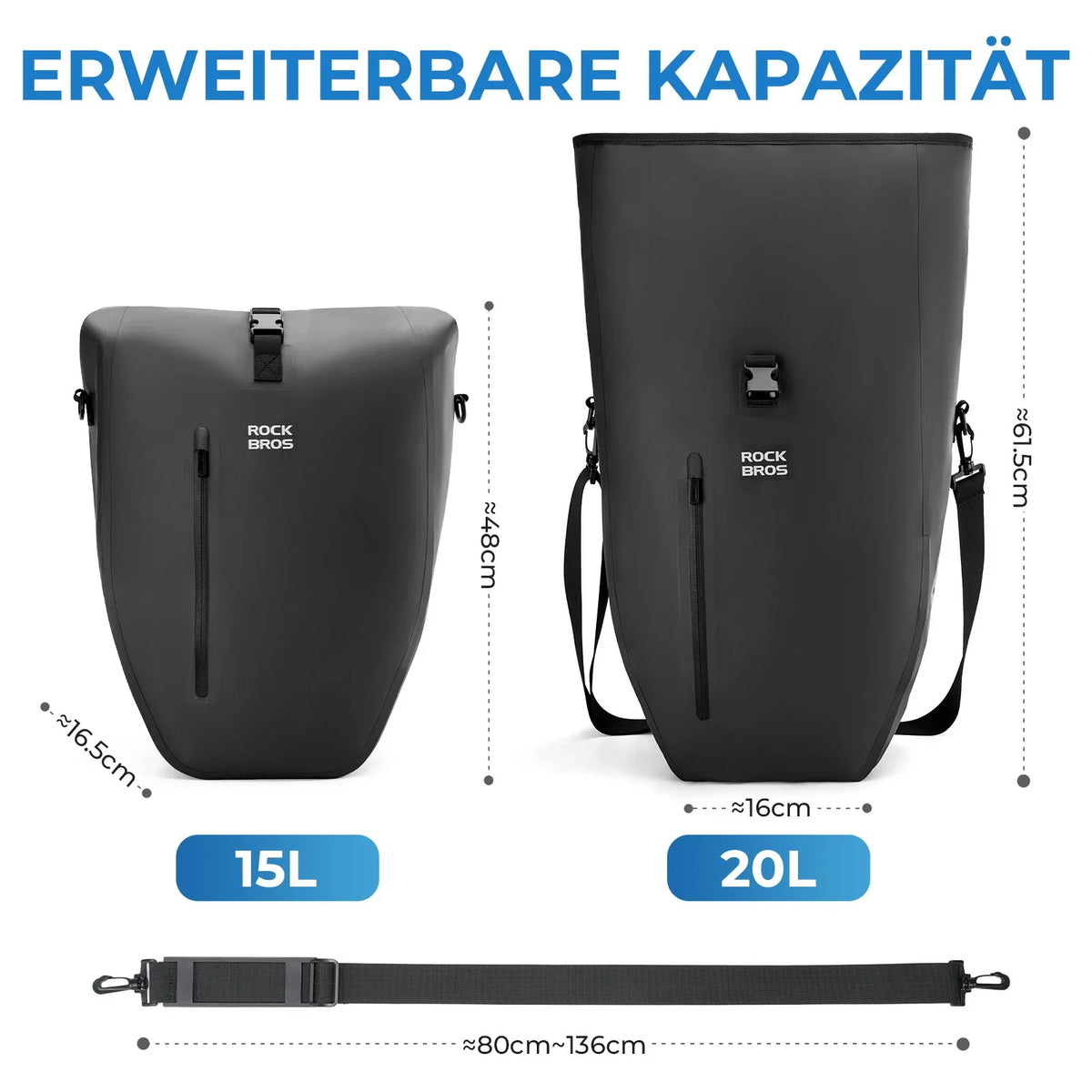 ROCKBROS 15L-20L Polkupyörän tavaratukilaukku 3-in-1