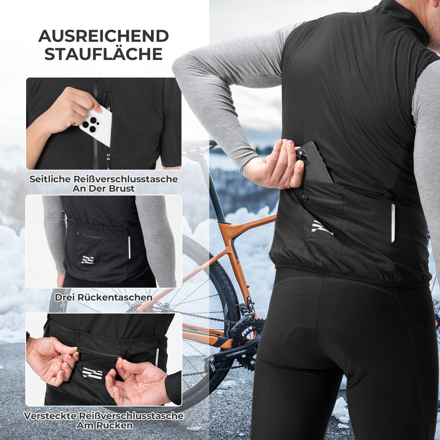 Hihaton, tuulenpitävä ja pakkautuva pyöräilyliivi hengittävällä ROCKBROS-materiaalilla