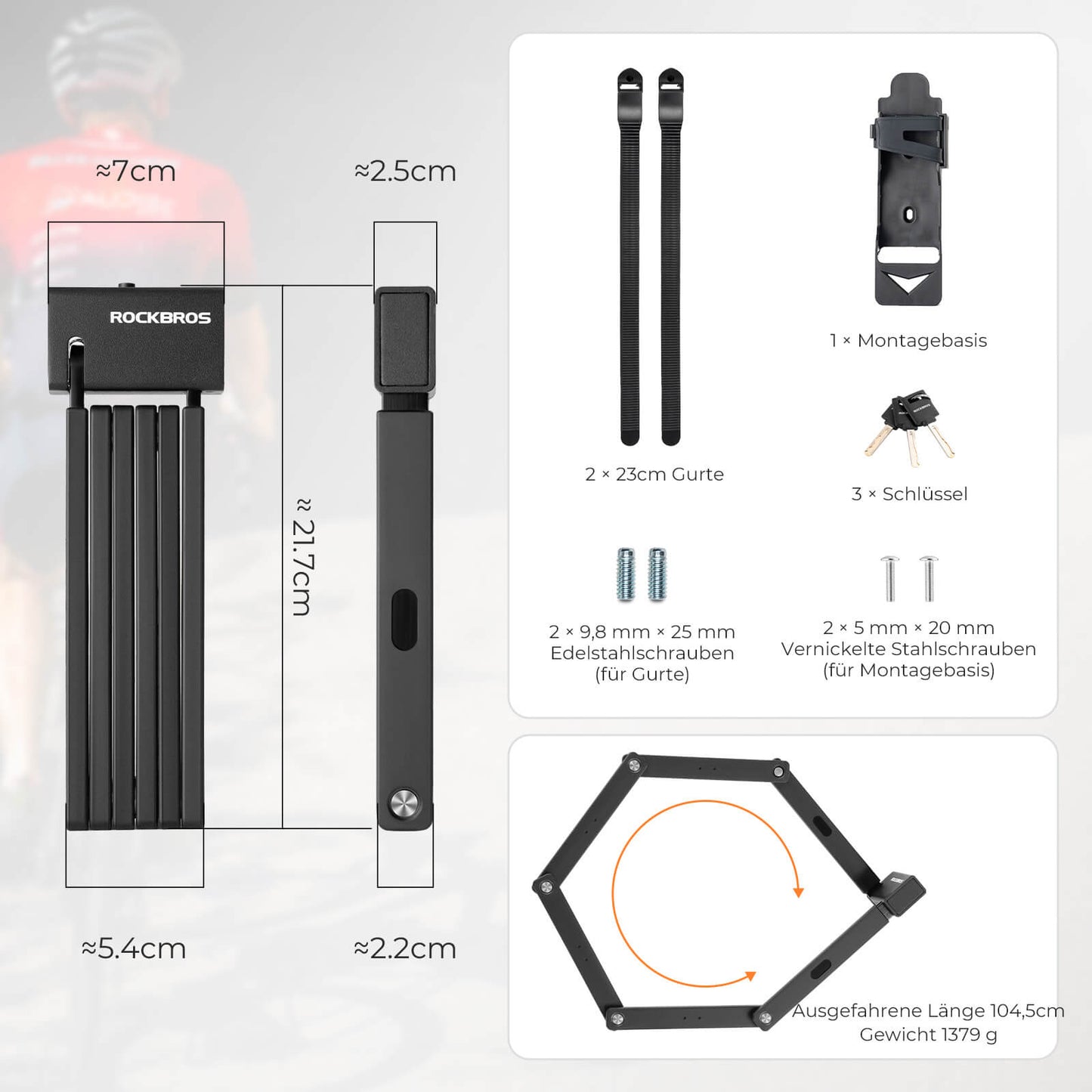 Taittuvan pyörän lukko 104 cm Taittuva ROCKBROS