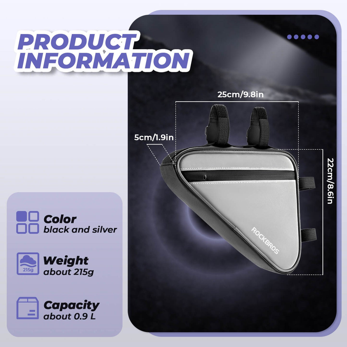 Polkupyörälaukku, heijastava runkolaukku, kolmionmuotoinen laukku, 0,9 l, ROCKBROS