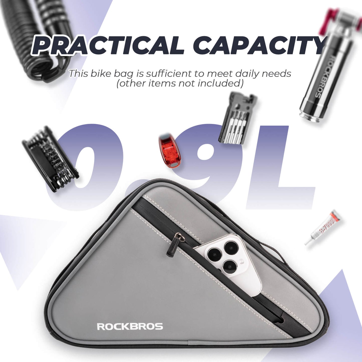 Polkupyörälaukku, heijastava runkolaukku, kolmionmuotoinen laukku, 0,9 l, ROCKBROS