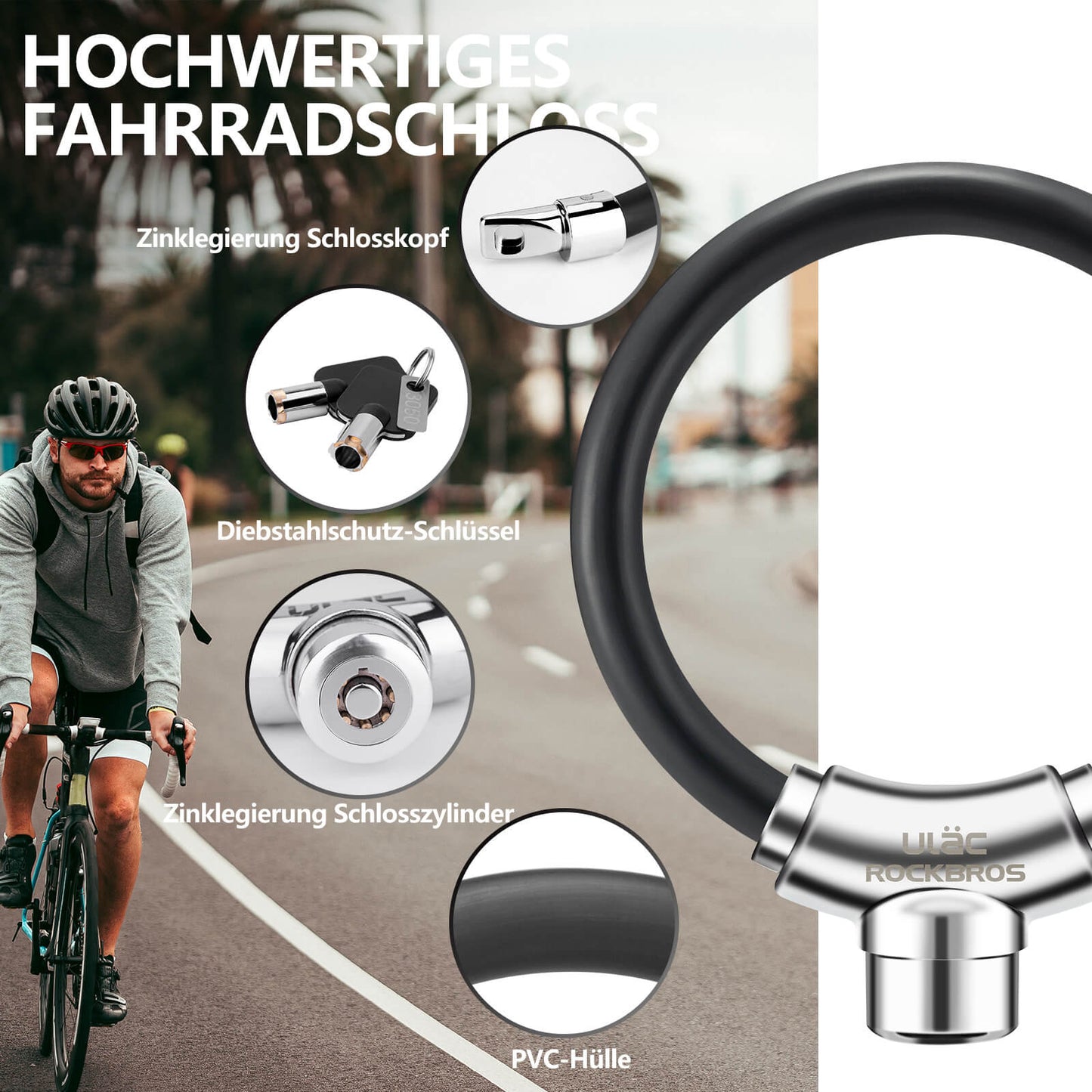 Polkupyörän lukkovaijerilukko tarranauhakiinnityksellä, avainta ei tarvita, ROCKBROS