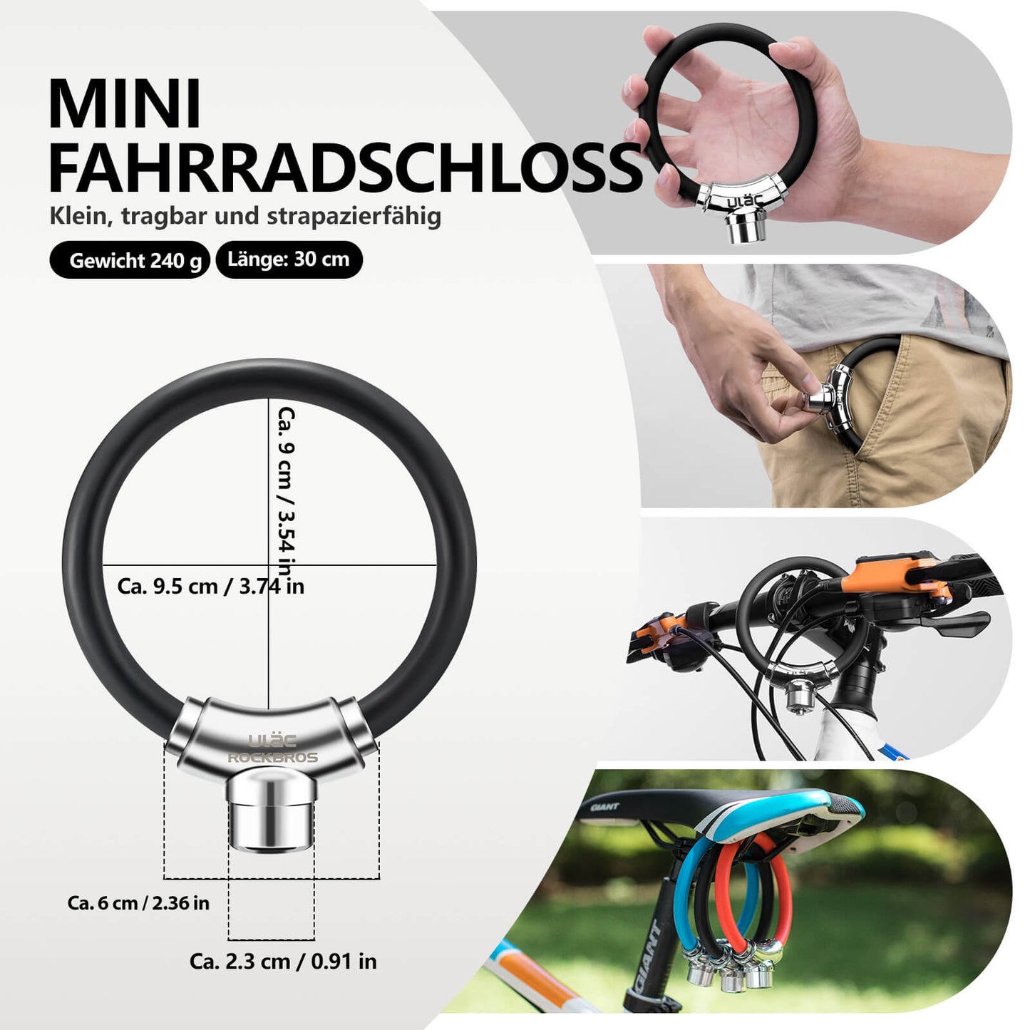 Polkupyörän lukkovaijerilukko tarranauhakiinnityksellä, avainta ei tarvita, ROCKBROS