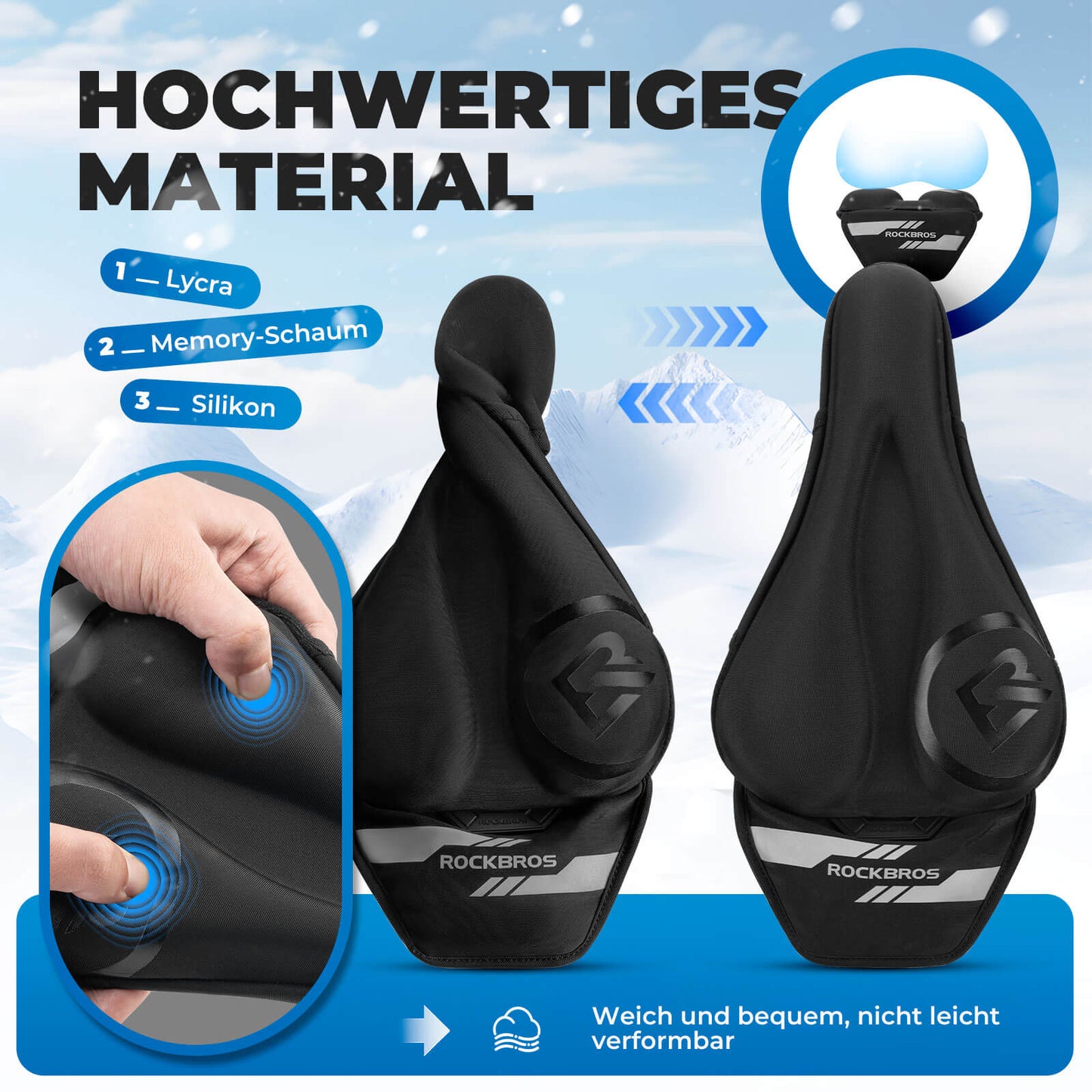 Rockbrosin lämmitettävä satulanpäällinen pikakiinnikkeillä maastopyörään, maantiepyörään ja sähköpyörään