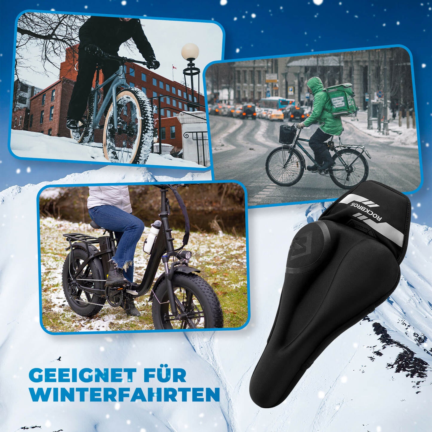 Rockbrosin lämmitettävä satulanpäällinen pikakiinnikkeillä maastopyörään, maantiepyörään ja sähköpyörään