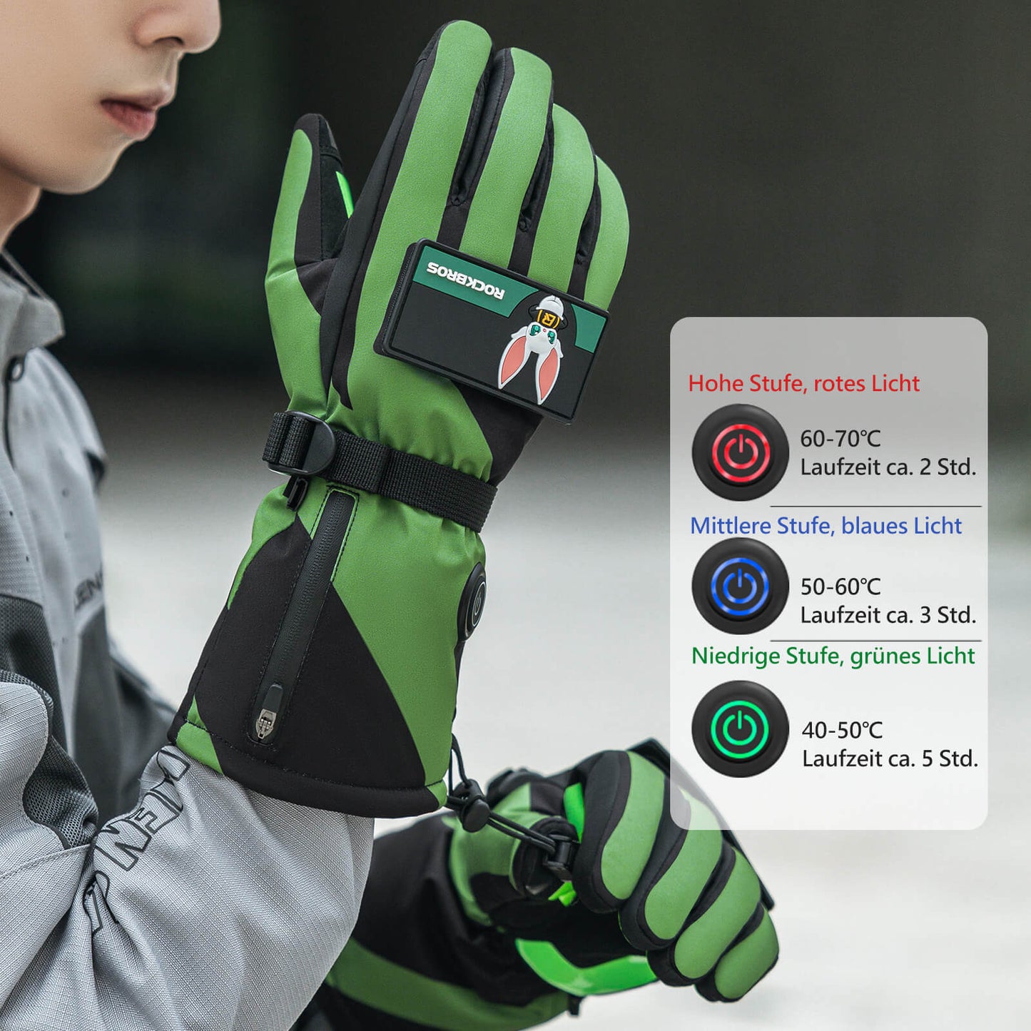 Lämmitettävät talvipyöräilykäsineet, 3 lämpöasetusta, koot M-XL, ROCKBROS