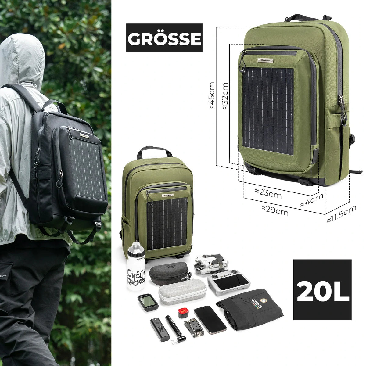 ROCKBROS Aurinkoreppu Solaarireppu 20L joustavalla irrotettavalla 10V 14W
