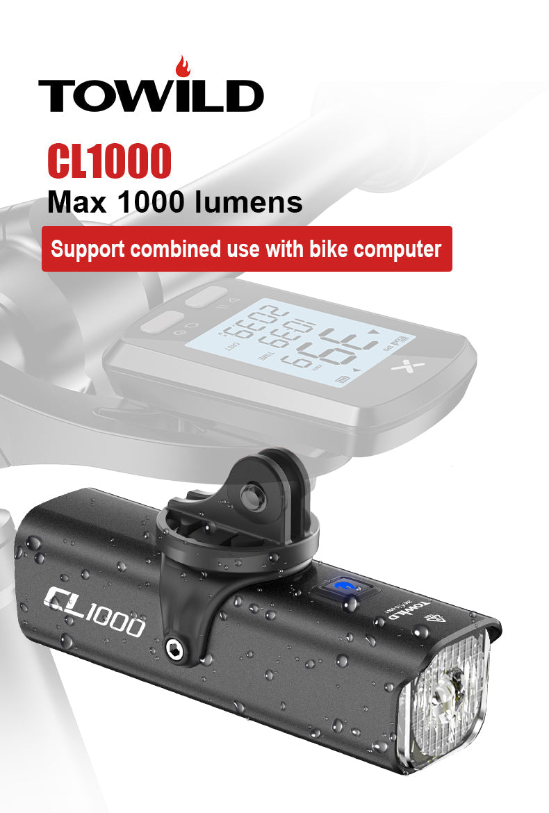 TOWILD CL1000 Bike Light yöajoon Yhteensopiva Garmin/GoPro Mount 1000 Lumenin kirkkaan polkupyörän ajovalon kanssa 4000 mAh akku, vedenpitävä pyörävalo työmatkailijoille