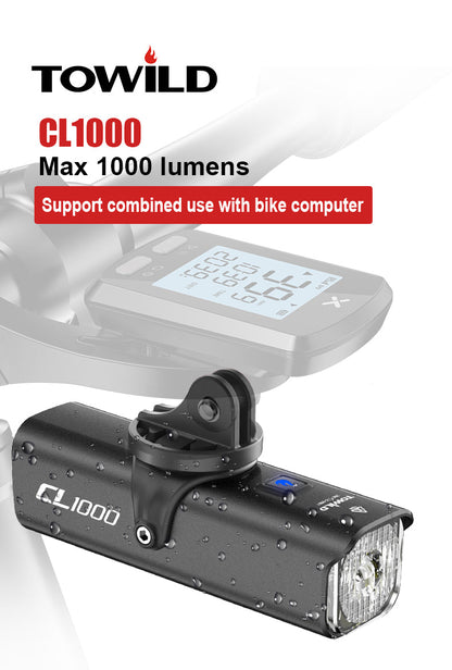 TOWILD CL1000 Bike Light yöajoon Yhteensopiva Garmin/GoPro Mount 1000 Lumenin kirkkaan polkupyörän ajovalon kanssa 4000 mAh akku, vedenpitävä pyörävalo työmatkailijoille