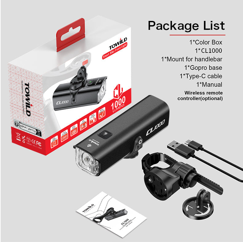 TOWILD CL1000 Bike Light yöajoon Yhteensopiva Garmin/GoPro Mount 1000 Lumenin kirkkaan polkupyörän ajovalon kanssa 4000 mAh akku, vedenpitävä pyörävalo työmatkailijoille