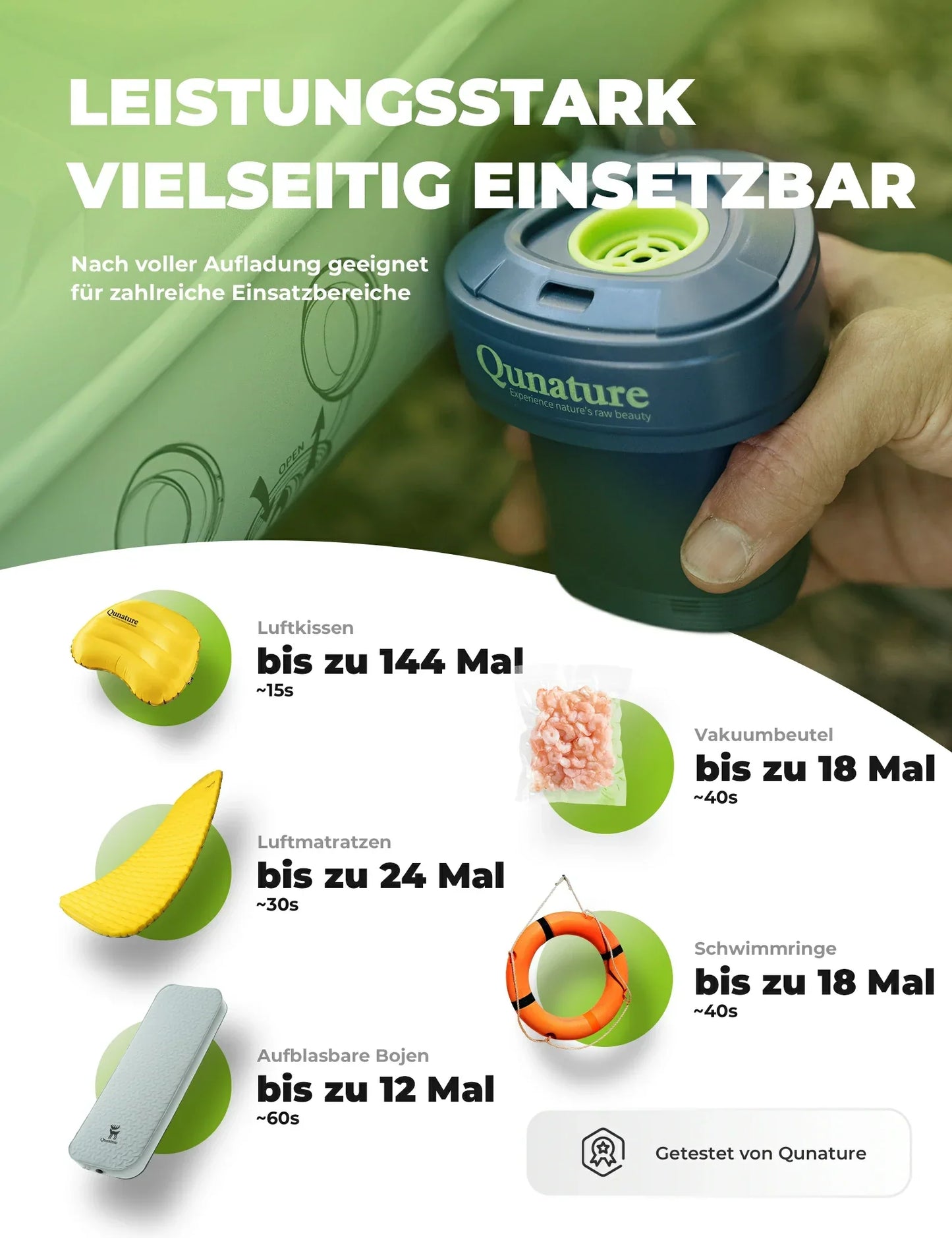 Sähköinen ilmapumppu 2-in-1, täyttö- ja tyhjennystoiminto, 2000 mAh ladattava akku Quantum