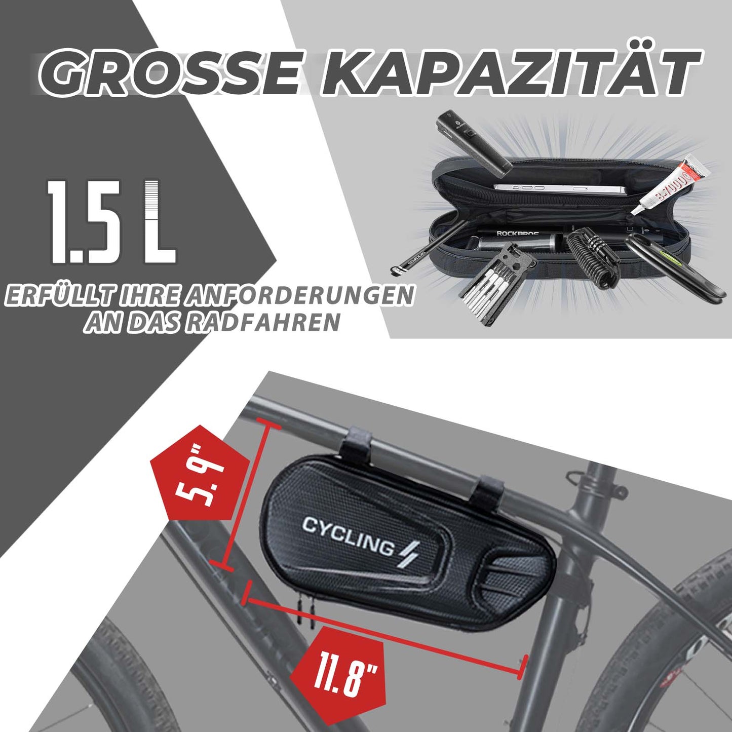 Polkupyörän runkolaukku 1,5 litran kolmionmuotoinen laukku vedenpitävä polkupyörälaukku ROCKBROS