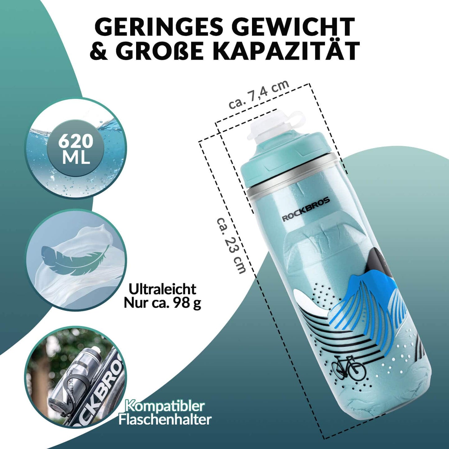 620 ml pyöräilyjuomapullo, urheilujuomapullo 5 tunnin viilennystoiminnolla, ROCKBROS