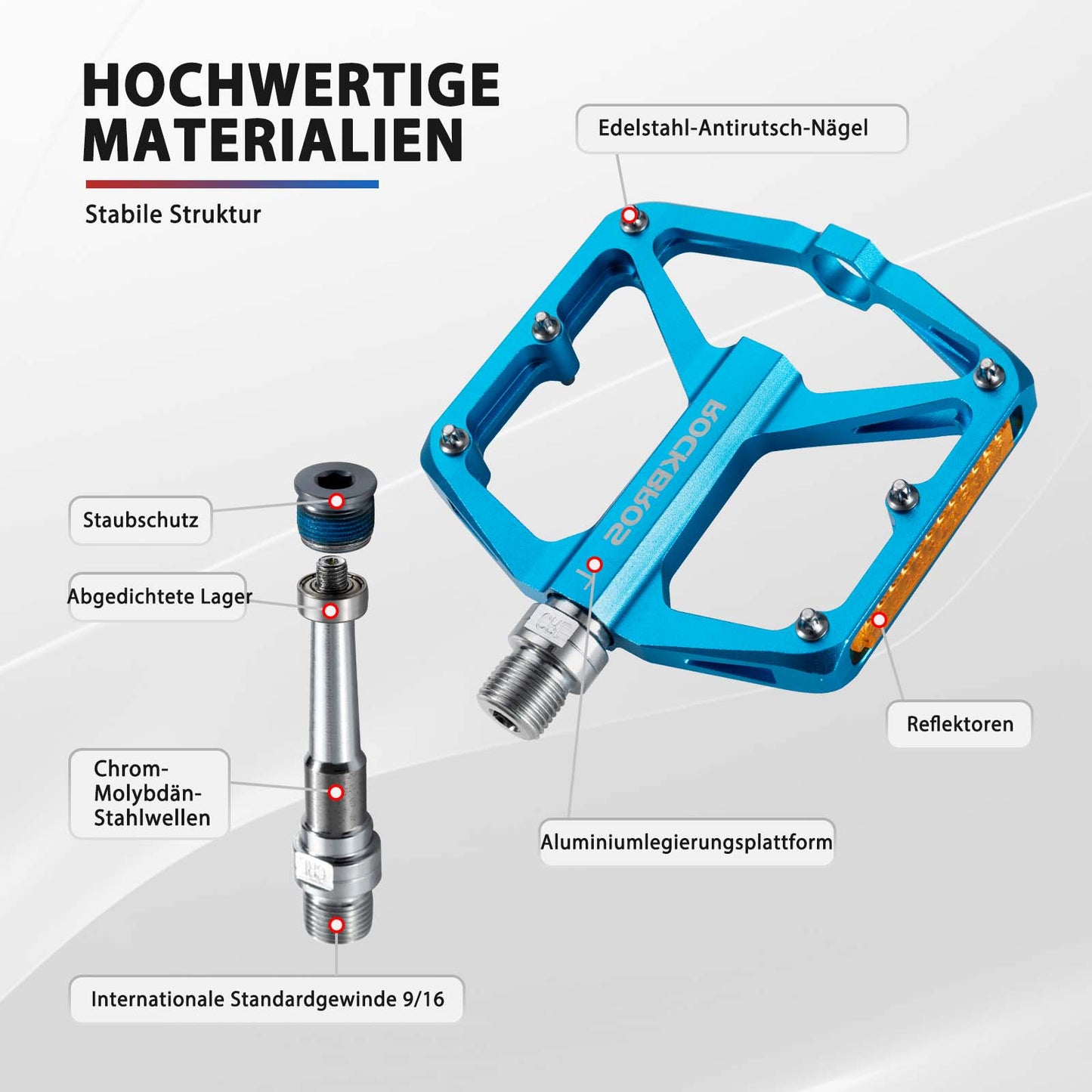 Polkupyörän polkimet heijastimilla, alumiiniseoksesta, 9/16 tuumaa, ROCKBROS