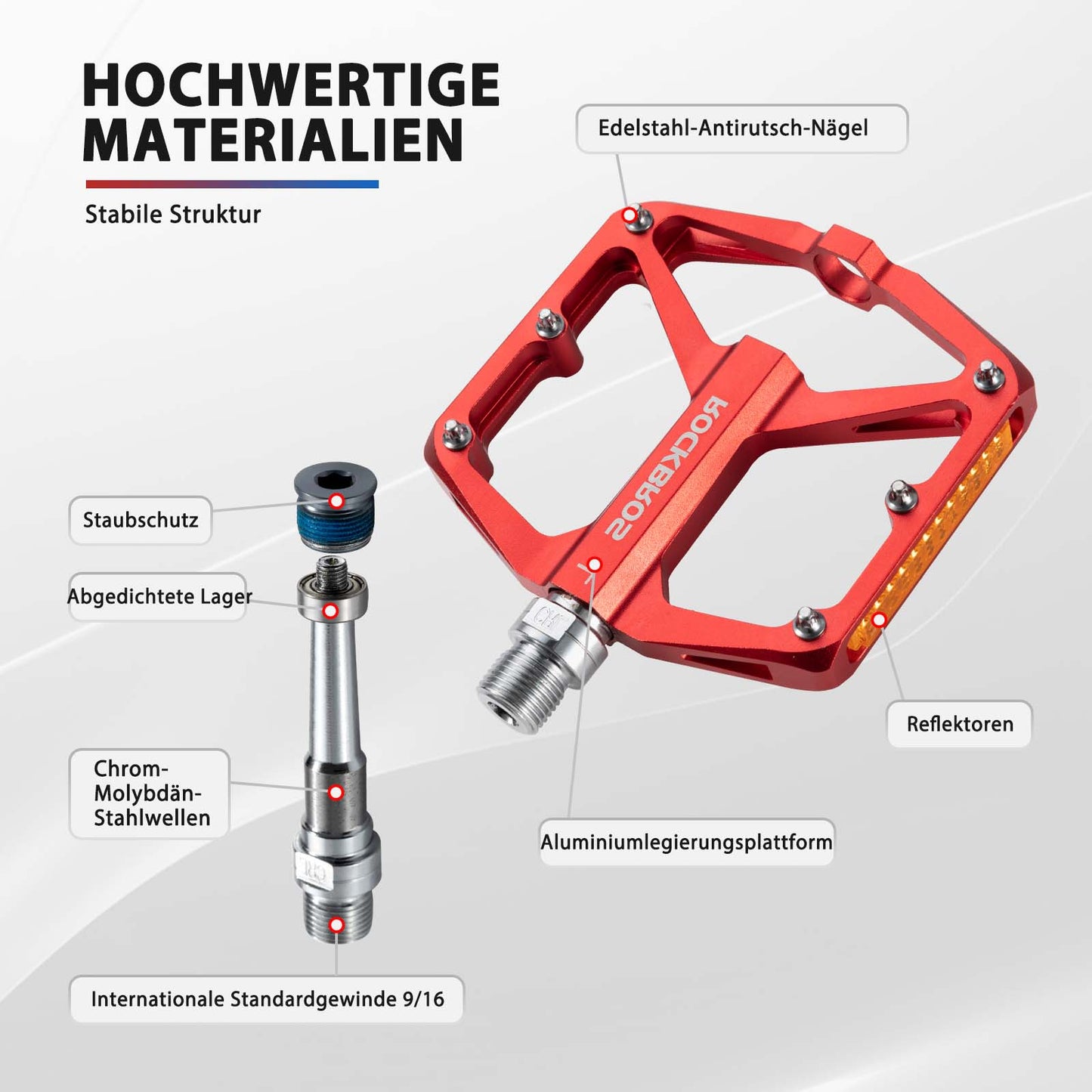 Polkupyörän polkimet heijastimilla, alumiiniseoksesta, 9/16 tuumaa, ROCKBROS
