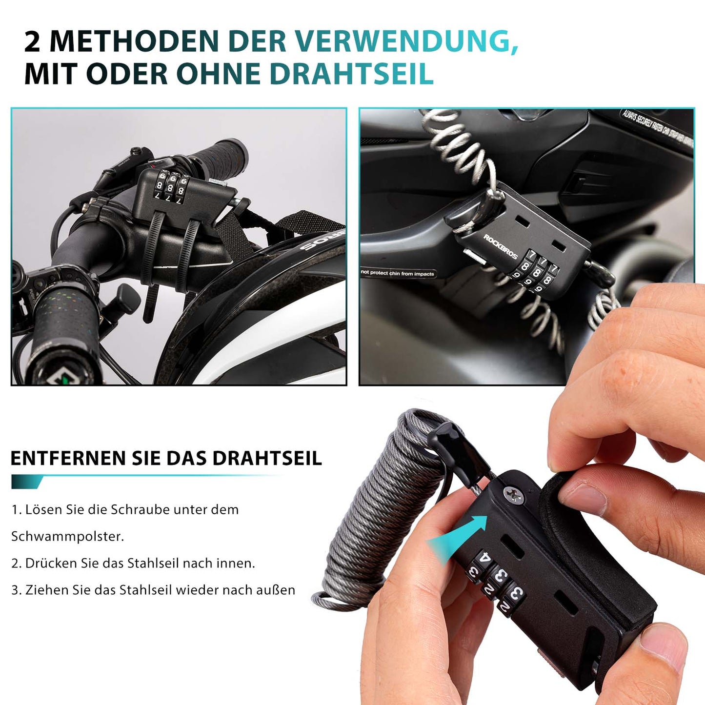 Kypärälukko 150 cm 3-numeroinen yhdistelmälukko ROCKBROS