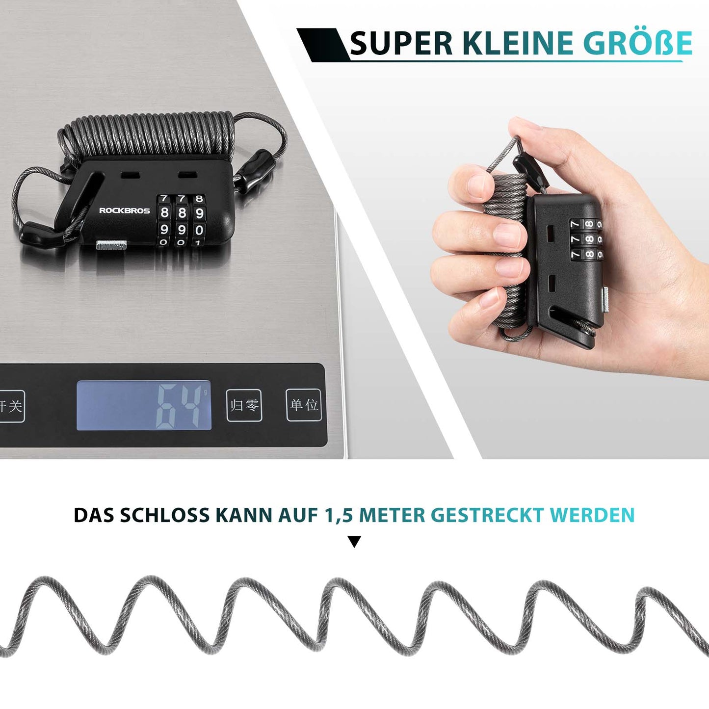 Kypärälukko 150 cm 3-numeroinen yhdistelmälukko ROCKBROS