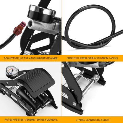 Ilmapumppu jalkapumpulla ja kaksoissylinteripainemittarilla ROCKBROS