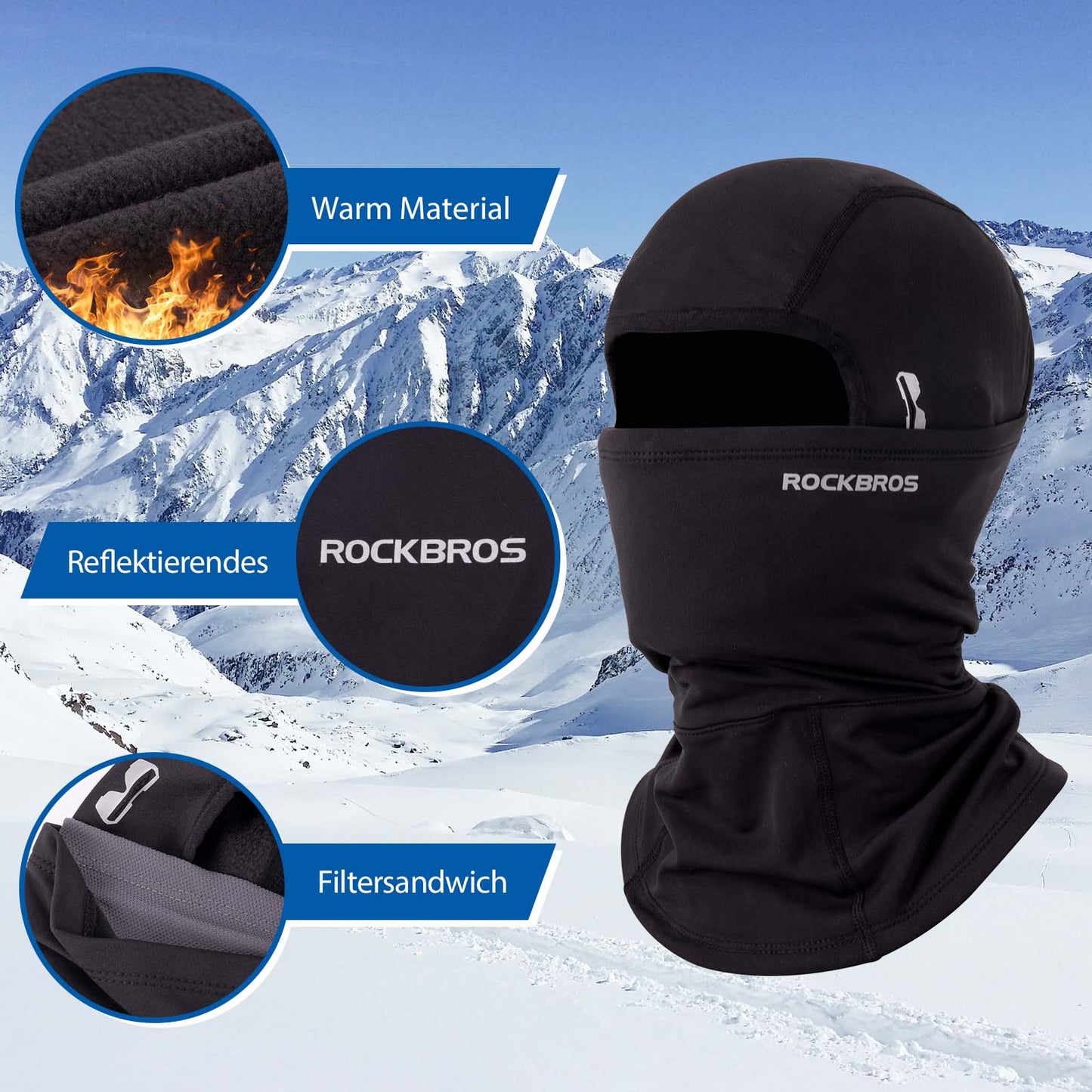 Balaclava, tuulenpitävä kypäränaluspipo lämpimästä fleecekankaasta, musta, ROCKBROS