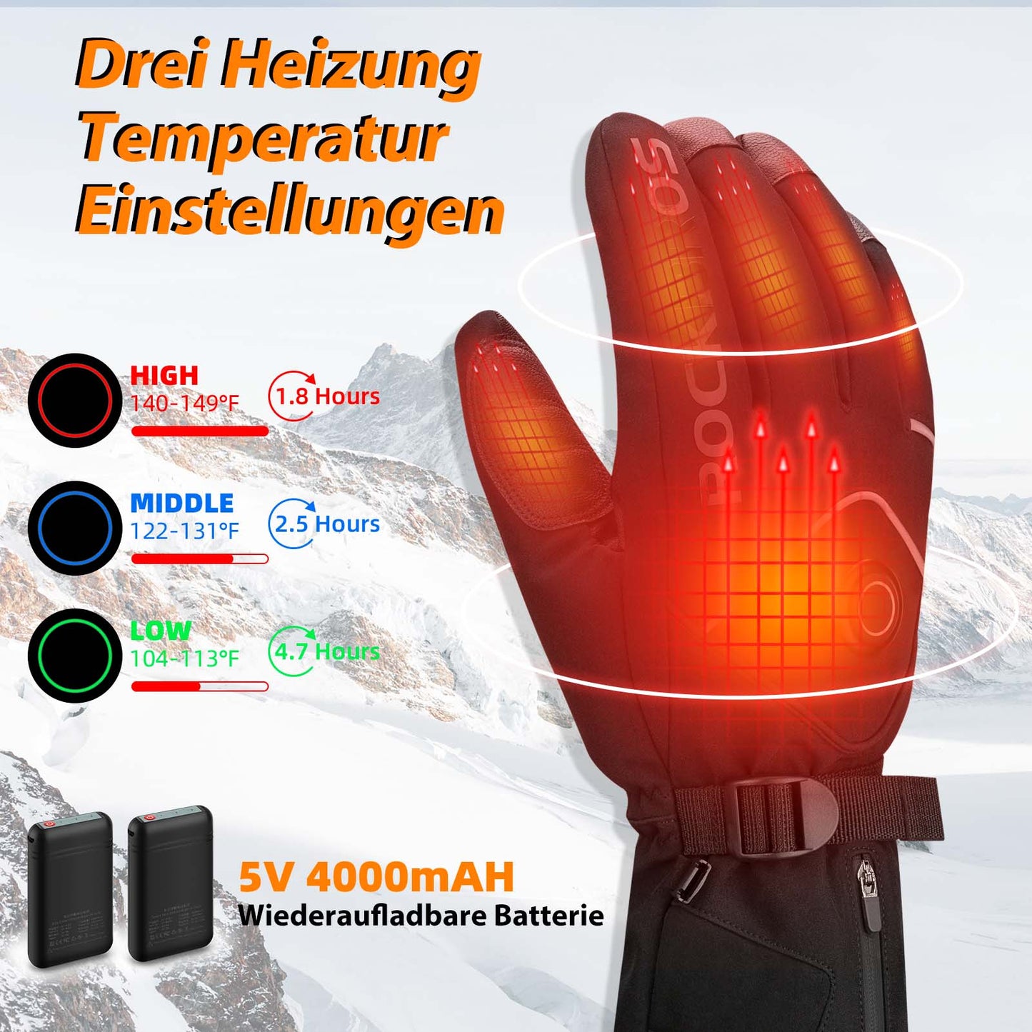 Talvihiihtohanskat Ladattavat Lämmitetyt Hanskat Mustat ROCKBROS